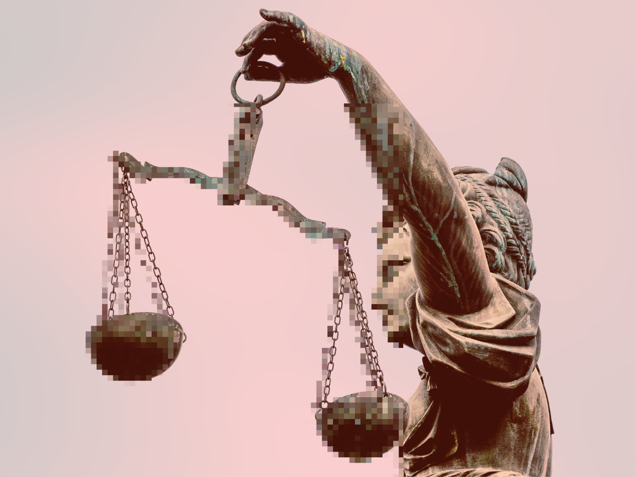 Justizia vor rosa-beigem Himmel oder Hintergrund mit anfangend verpixelter Waage.
